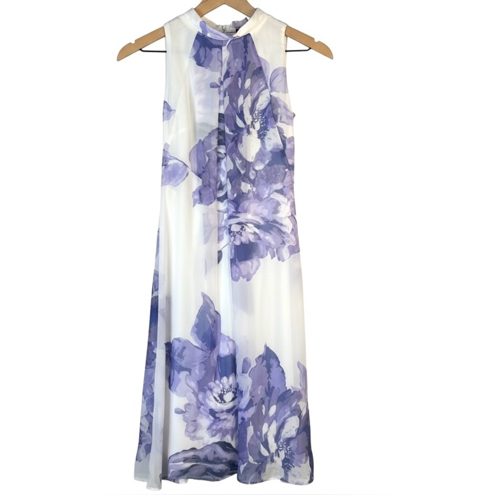 Robbie Bee Floral Dress Women White Purple Printed Mock Neck Trapeze Dress 6P